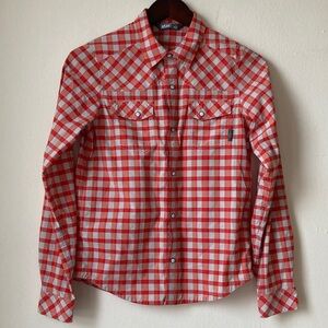 Stio Kids 14 Eddy Pearl Snap Red & White Plaid Nylon Shirt Performance Outdoor